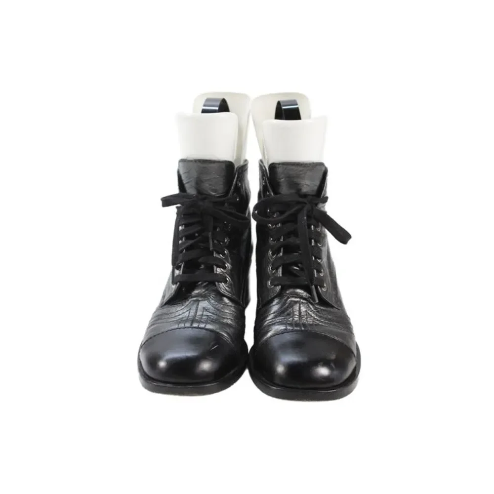 Chanel Leather Metallic Lace Up Ankle Boots Silver Size 6